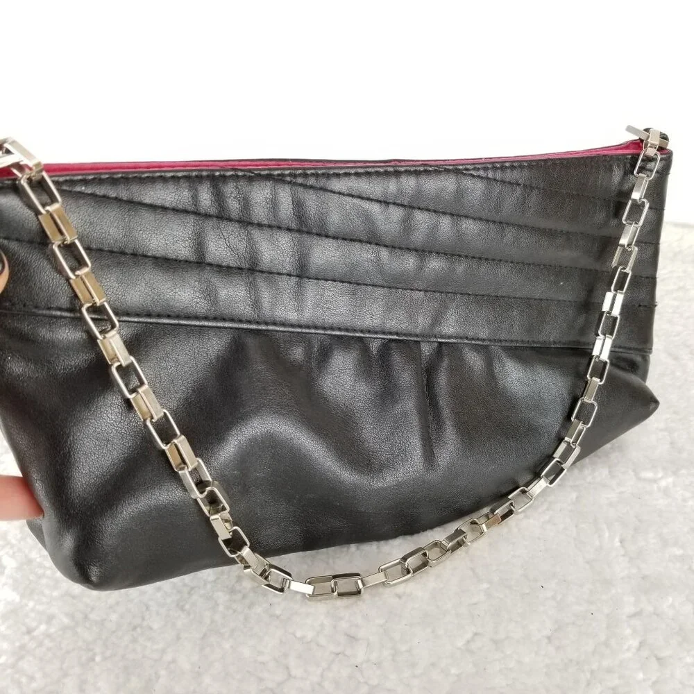 Y2K Victorias Secret Black Faux Leather Clutch Pink Lining Silver Chain Glam Bag